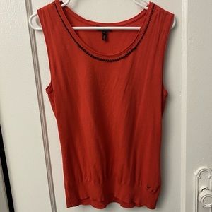 Escada Red Scoop Neck Beaded Sleeveless Tank Blouse Sz L